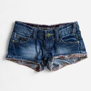 boho y2k dark wash low rise denim mini shorts